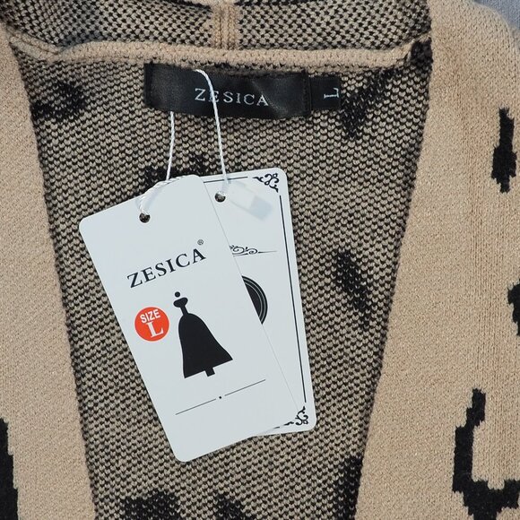 Zesica Sweater Cardigan Women Large Tan Leopard Open Front Duster Pockets Preppy - Picture 3 of 10